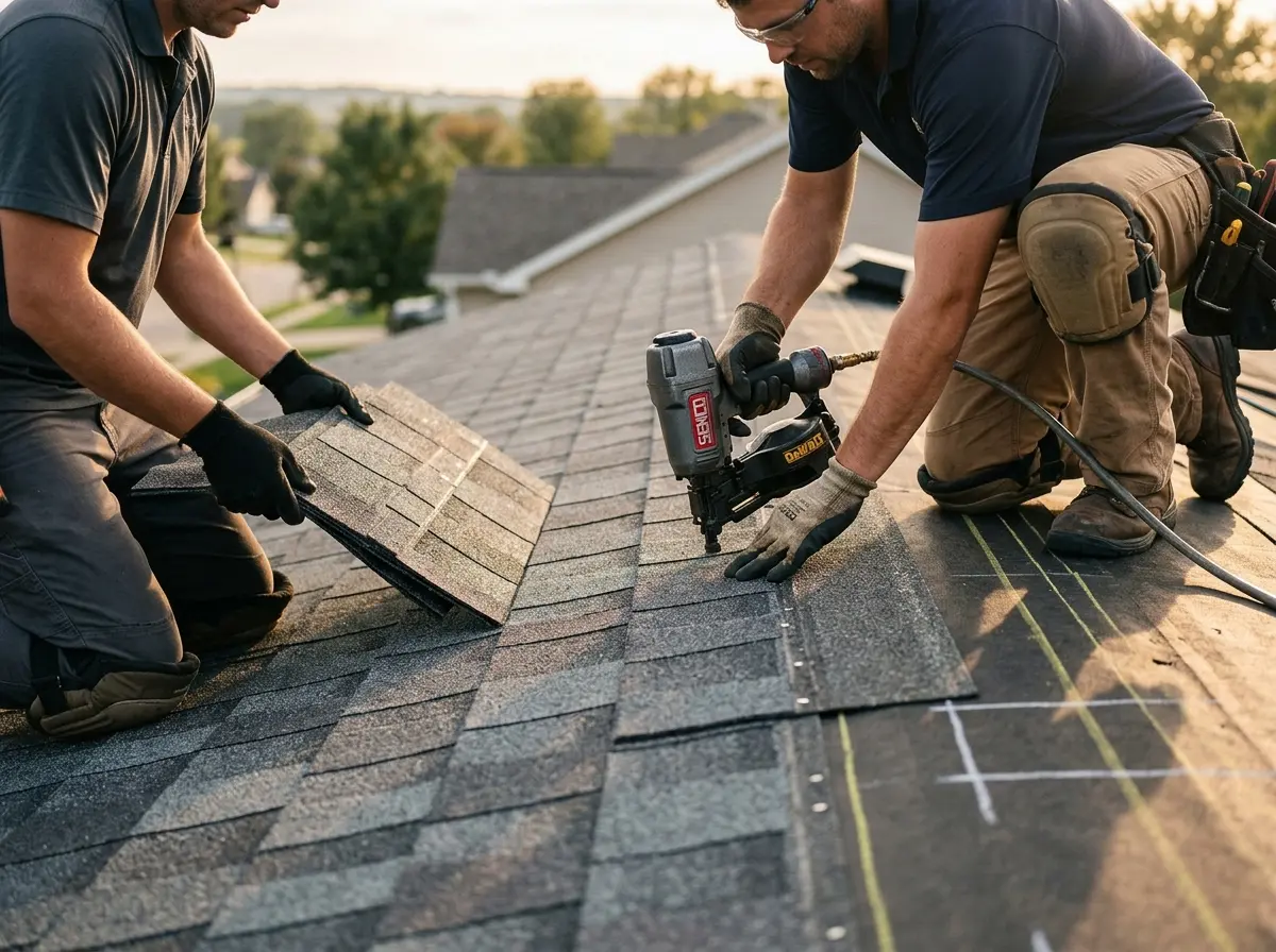 Professional roofer working on a residential roof in Columbia City